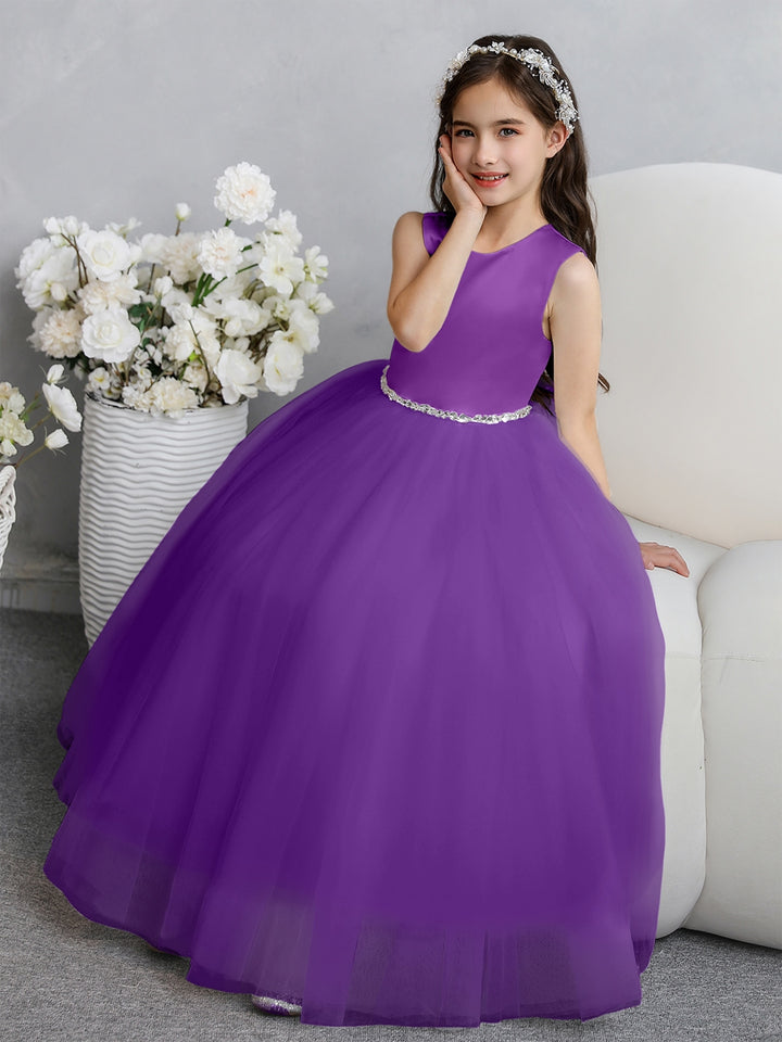 Crew Neck Tulle Flower Girl Dresses with Bowknot &amp; Beading Waist
