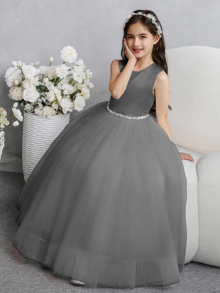 Crew Neck Tulle Flower Girl Dresses with Bowknot &amp; Beading Waist