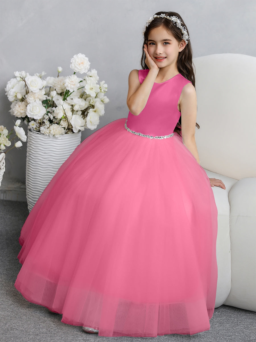 Crew Neck Tulle Flower Girl Dresses with Bowknot &amp; Beading Waist