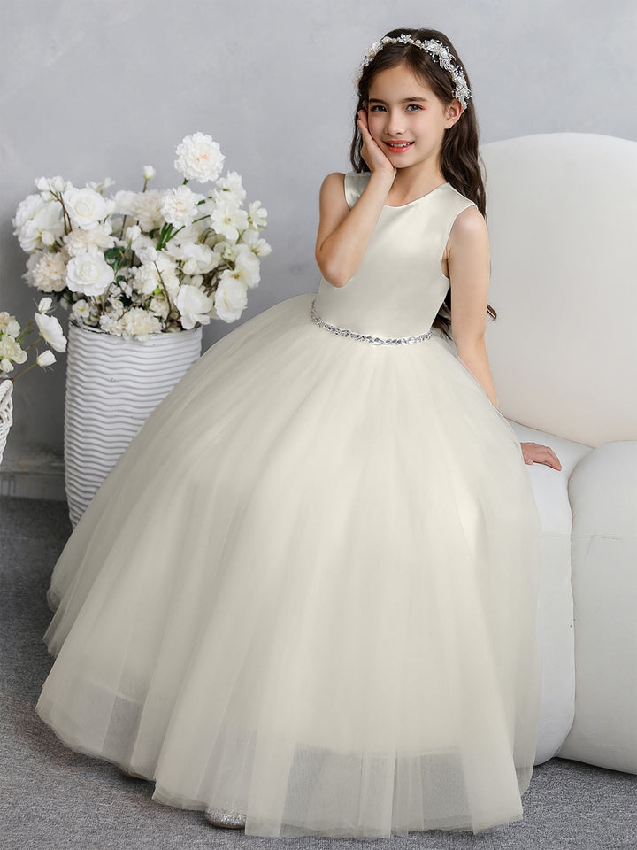 Crew Neck Tulle Flower Girl Dresses with Bowknot &amp; Beading Waist