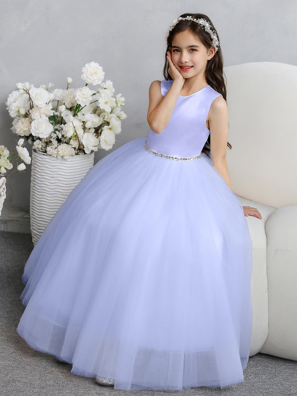Crew Neck Tulle Flower Girl Dresses with Bowknot & Beading Waist