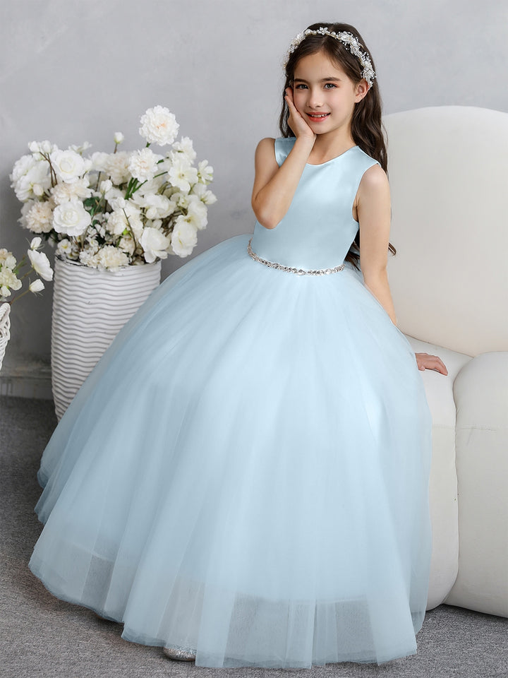 Crew Neck Tulle Flower Girl Dresses with Bowknot &amp; Beading Waist