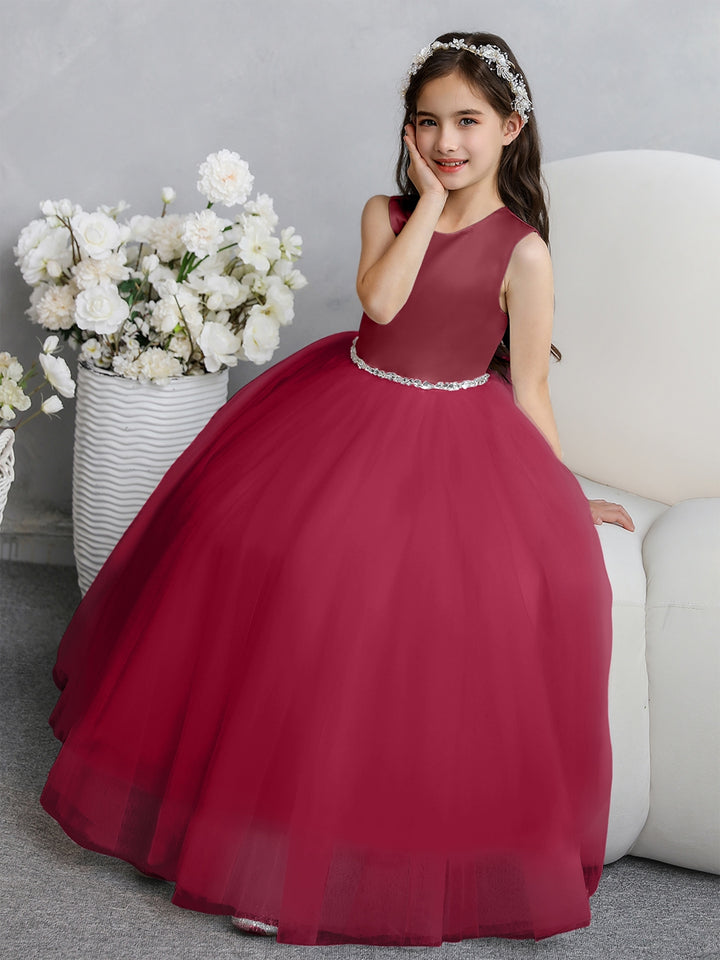 Crew Neck Tulle Flower Girl Dresses with Bowknot &amp; Beading Waist