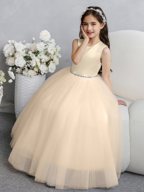 Crew Neck Tulle Flower Girl Dresses with Bowknot & Beading Waist