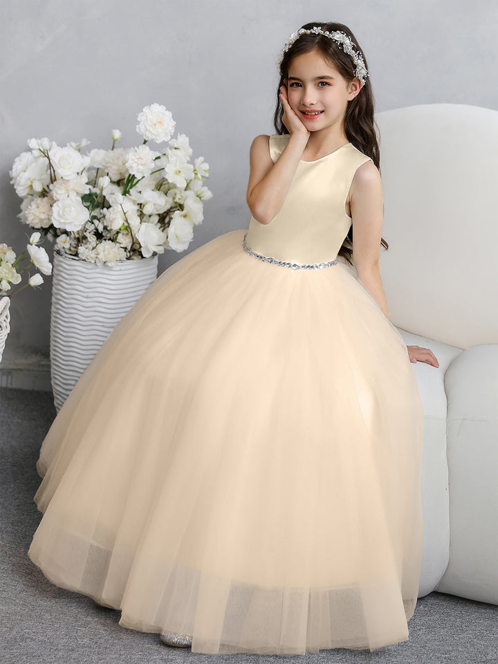 Crew Neck Tulle Flower Girl Dresses with Bowknot &amp; Beading Waist