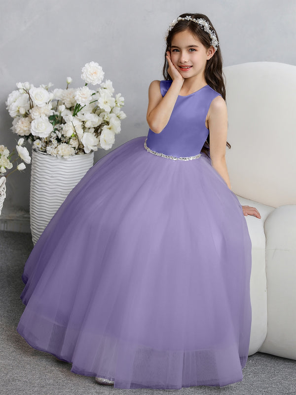 Crew Neck Tulle Flower Girl Dresses with Bowknot & Beading Waist