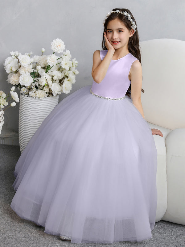 Crew Neck Tulle Flower Girl Dresses with Bowknot & Beading Waist