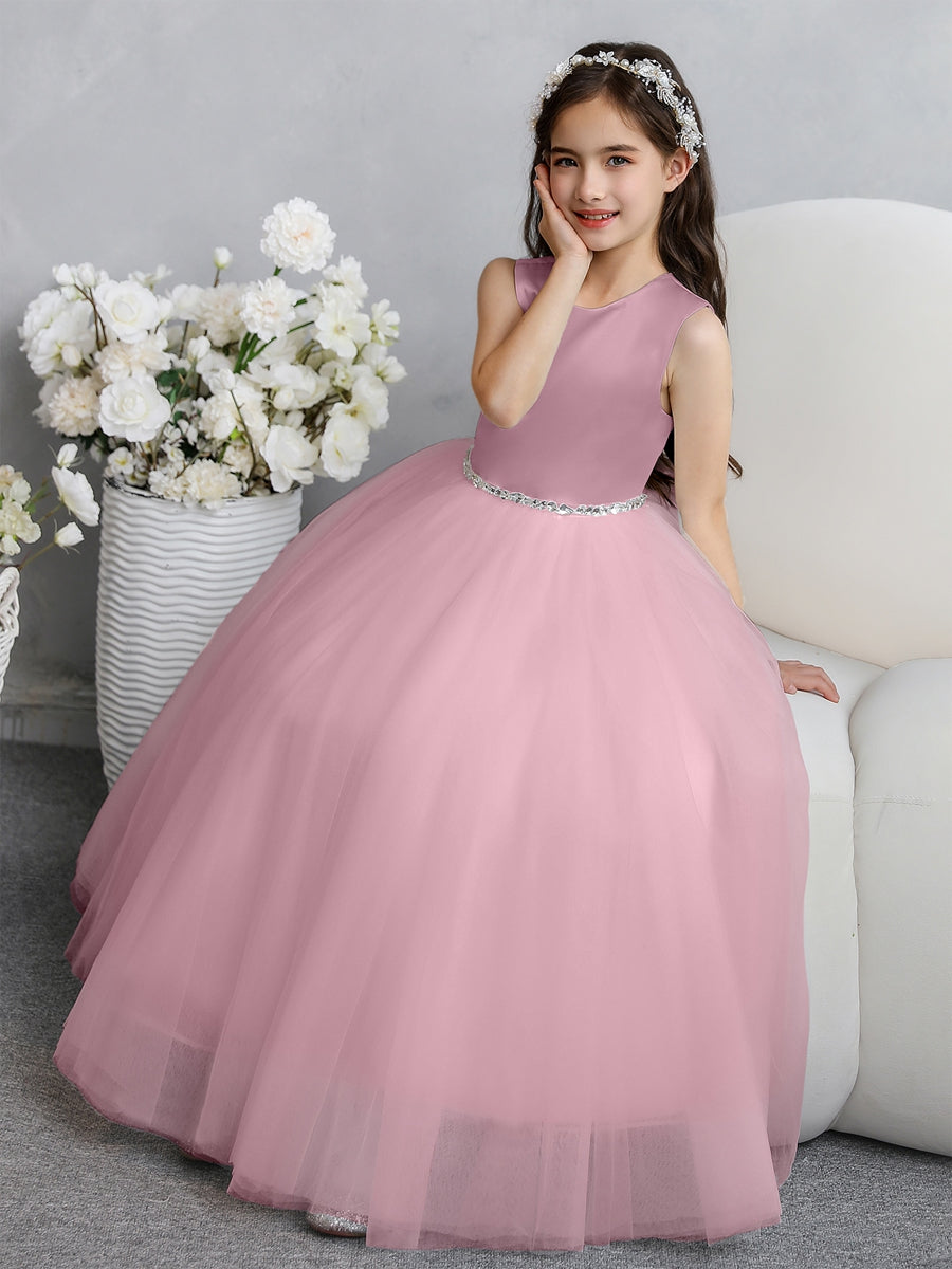 Crew Neck Tulle Flower Girl Dresses with Bowknot &amp; Beading Waist