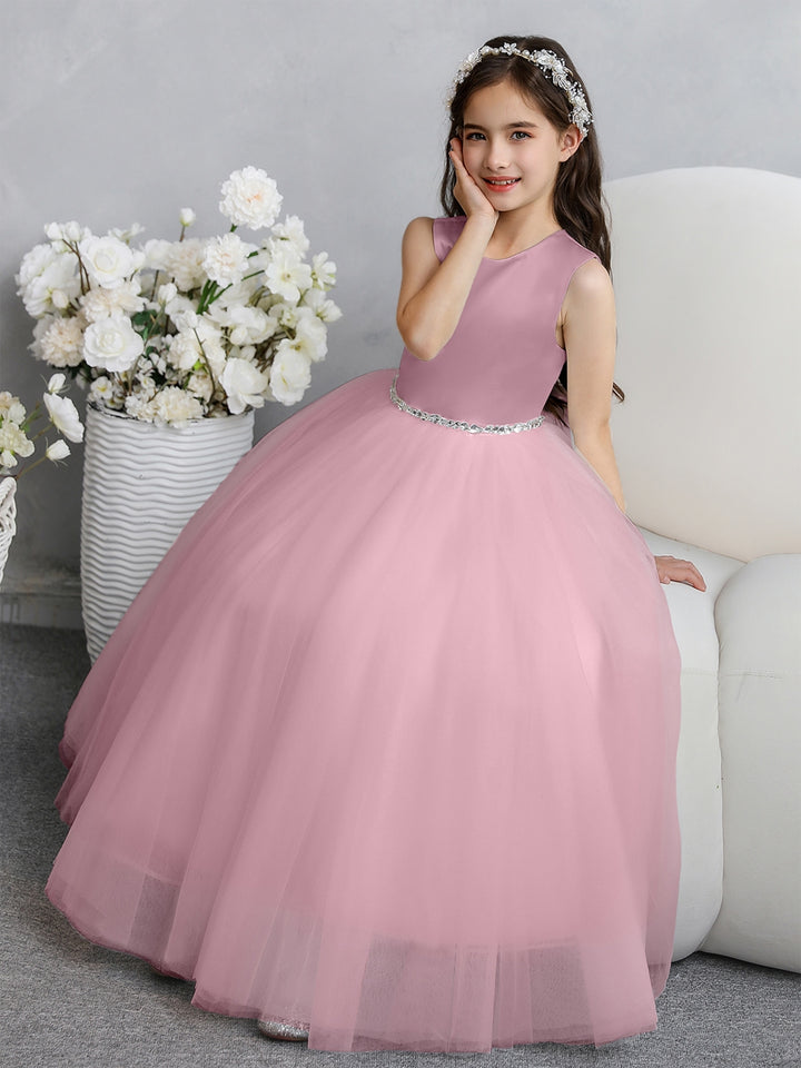 Crew Neck Tulle Flower Girl Dresses with Bowknot &amp; Beading Waist