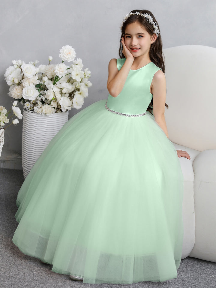 Crew Neck Tulle Flower Girl Dresses with Bowknot &amp; Beading Waist