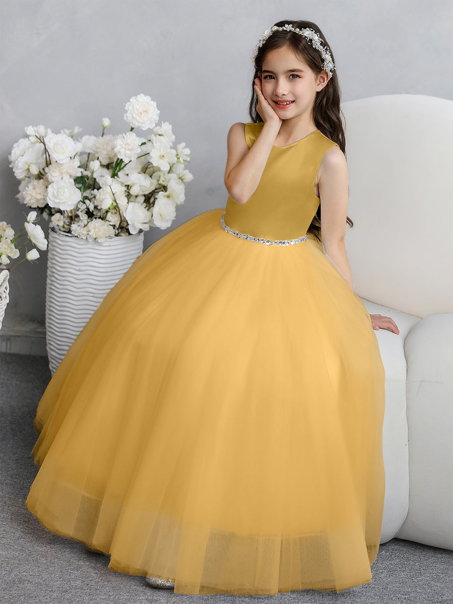 Crew Neck Tulle Flower Girl Dresses with Bowknot &amp; Beading Waist