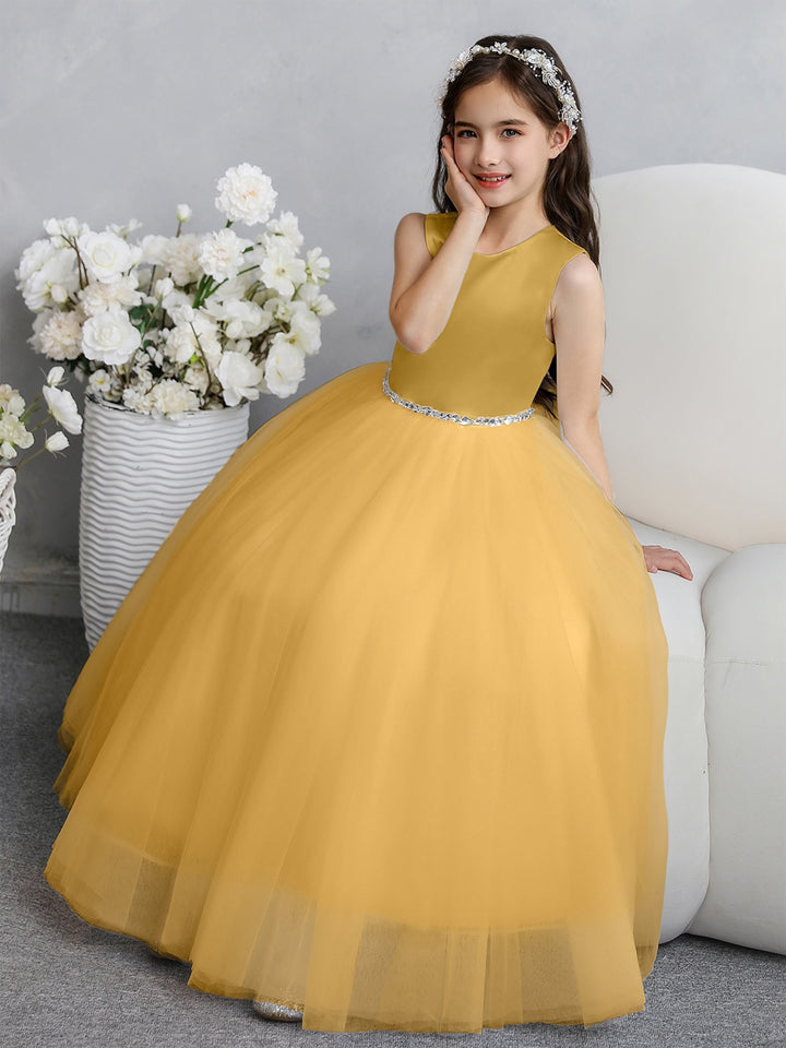 Crew Neck Tulle Flower Girl Dresses with Bowknot &amp; Beading Waist