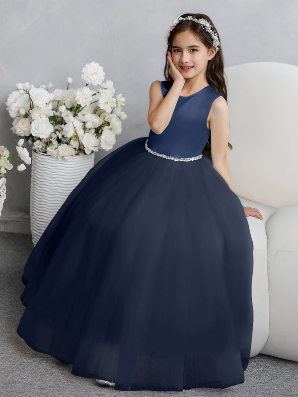 Crew Neck Tulle Flower Girl Dresses with Bowknot & Beading Waist