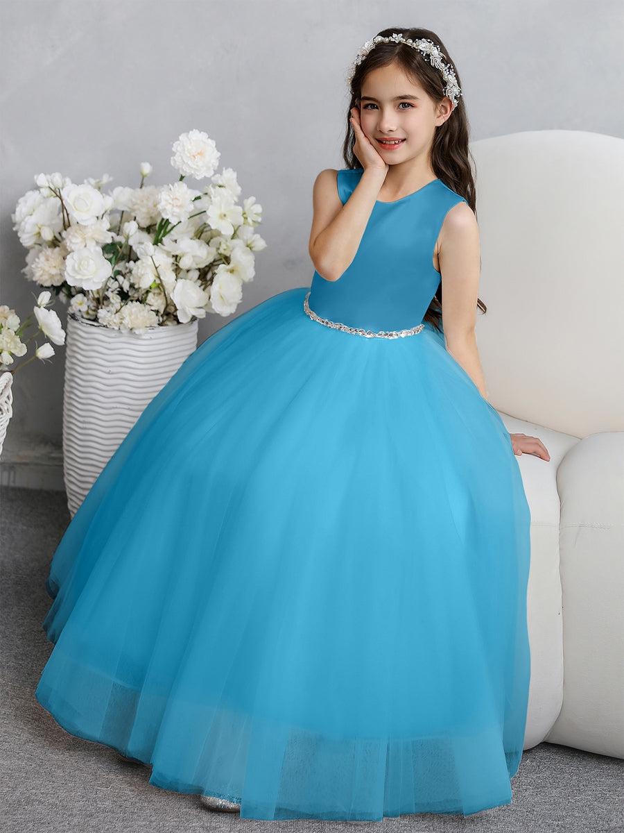 Crew Neck Tulle Flower Girl Dresses with Bowknot &amp; Beading Waist