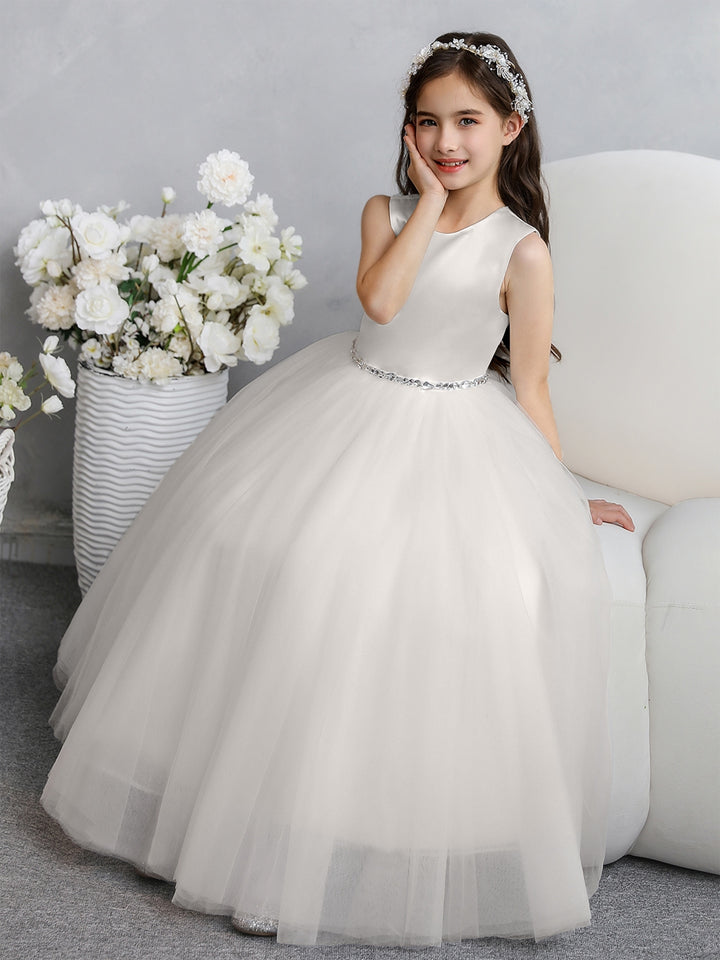 Crew Neck Tulle Flower Girl Dresses with Bowknot &amp; Beading Waist