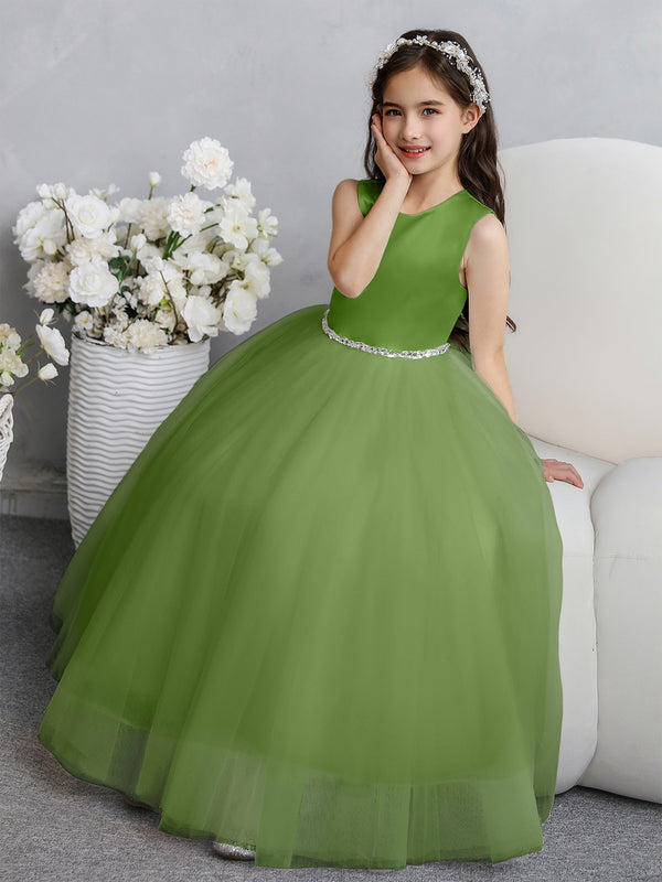 Crew Neck Tulle Flower Girl Dresses with Bowknot & Beading Waist
