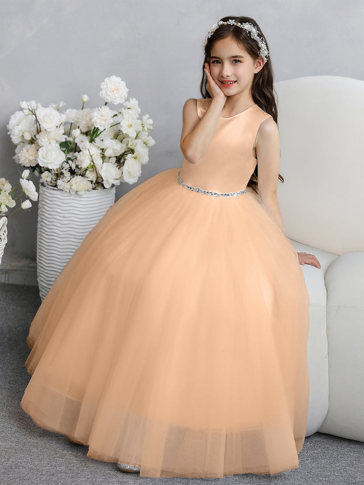 Crew Neck Tulle Flower Girl Dresses with Bowknot &amp; Beading Waist