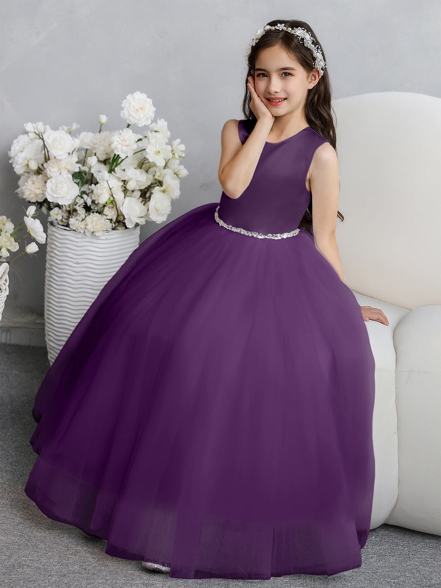 Crew Neck Tulle Flower Girl Dresses with Bowknot &amp; Beading Waist