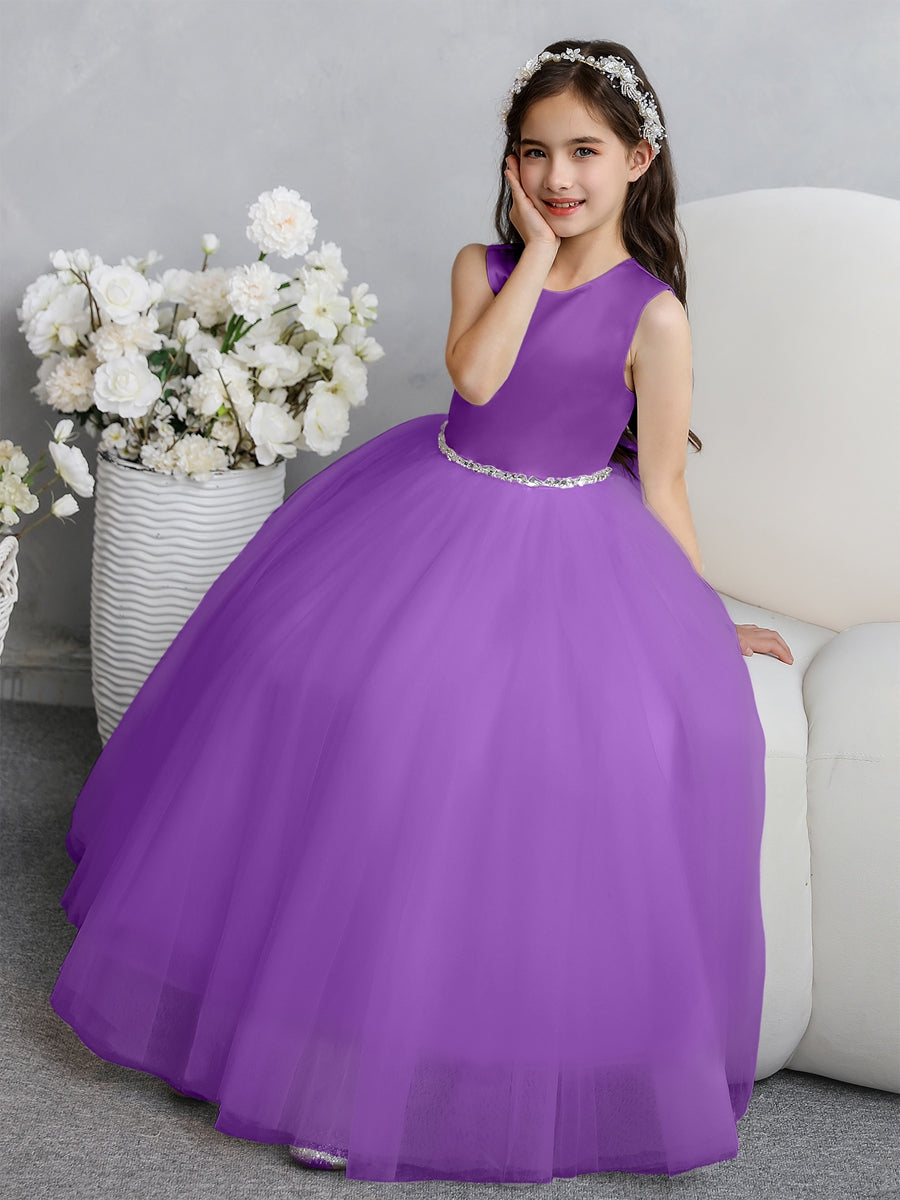 Crew Neck Tulle Flower Girl Dresses with Bowknot &amp; Beading Waist