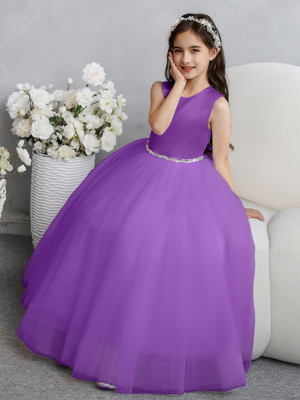 Crew Neck Tulle Flower Girl Dresses with Bowknot & Beading Waist