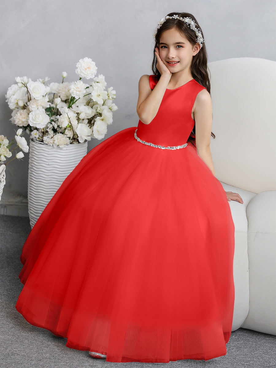 Crew Neck Tulle Flower Girl Dresses with Bowknot &amp; Beading Waist