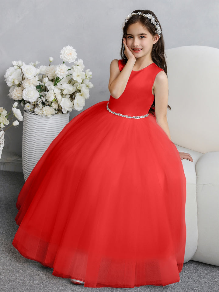 Crew Neck Tulle Flower Girl Dresses with Bowknot &amp; Beading Waist