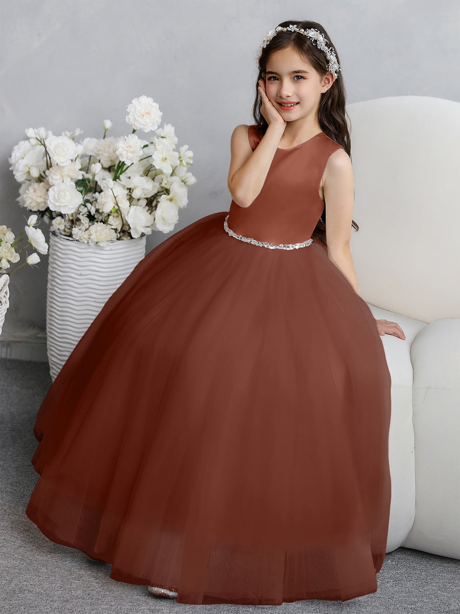 Crew Neck Tulle Flower Girl Dresses with Bowknot &amp; Beading Waist