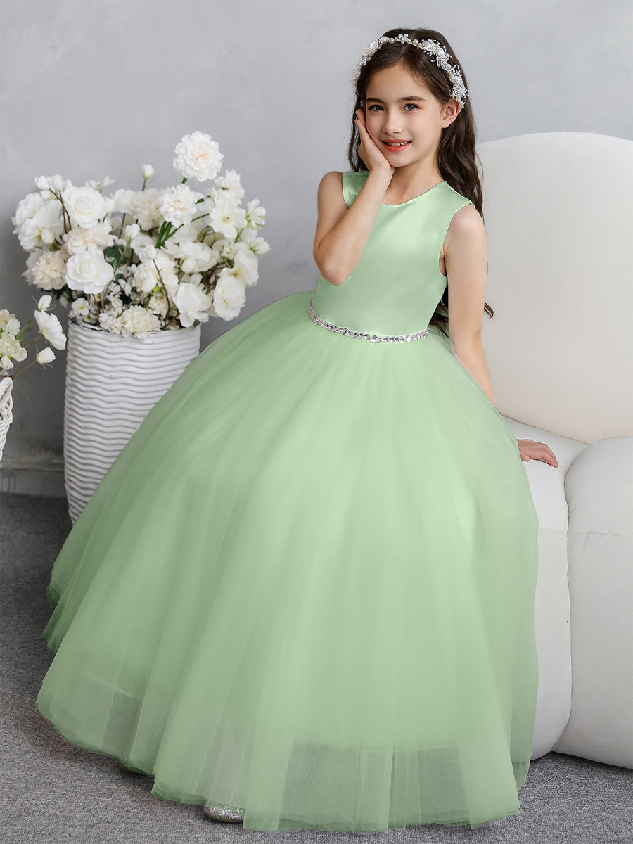 Crew Neck Tulle Flower Girl Dresses with Bowknot &amp; Beading Waist