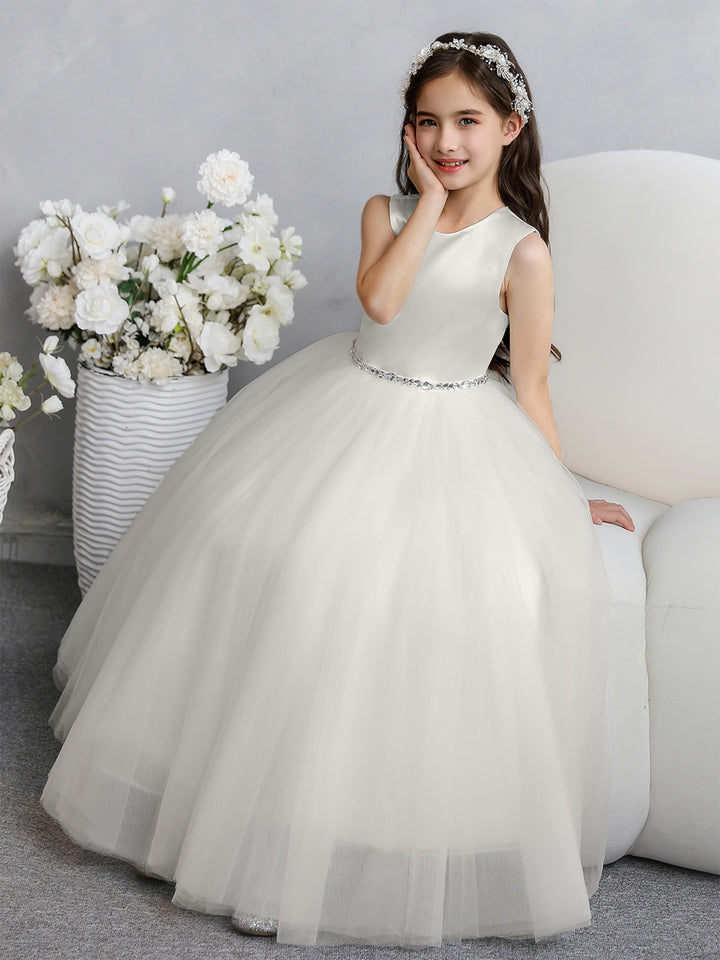 Crew Neck Tulle Flower Girl Dresses with Bowknot &amp; Beading Waist