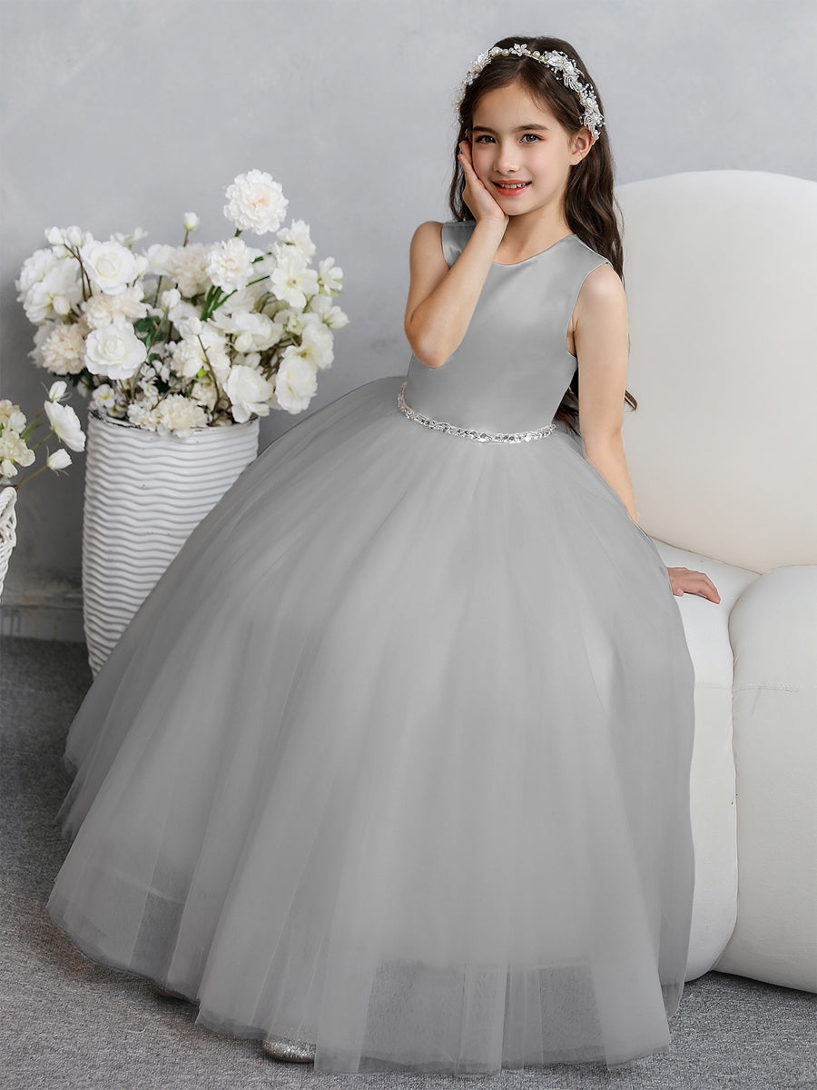 Crew Neck Tulle Flower Girl Dresses with Bowknot &amp; Beading Waist