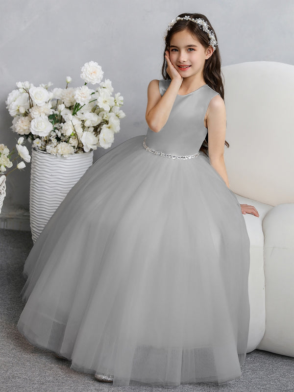 Crew Neck Tulle Flower Girl Dresses with Bowknot & Beading Waist
