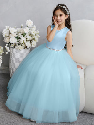 Crew Neck Tulle Flower Girl Dresses with Bowknot & Beading Waist