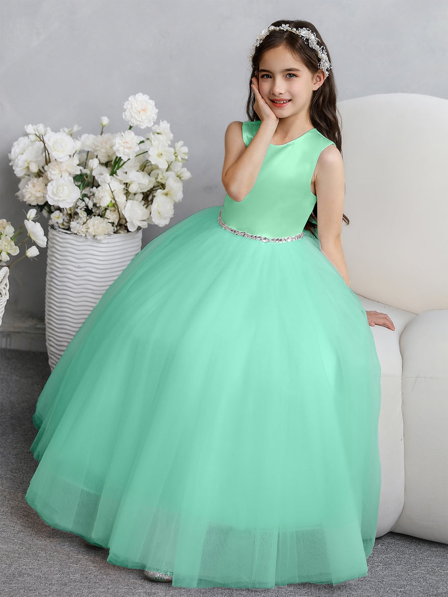 Crew Neck Tulle Flower Girl Dresses with Bowknot &amp; Beading Waist