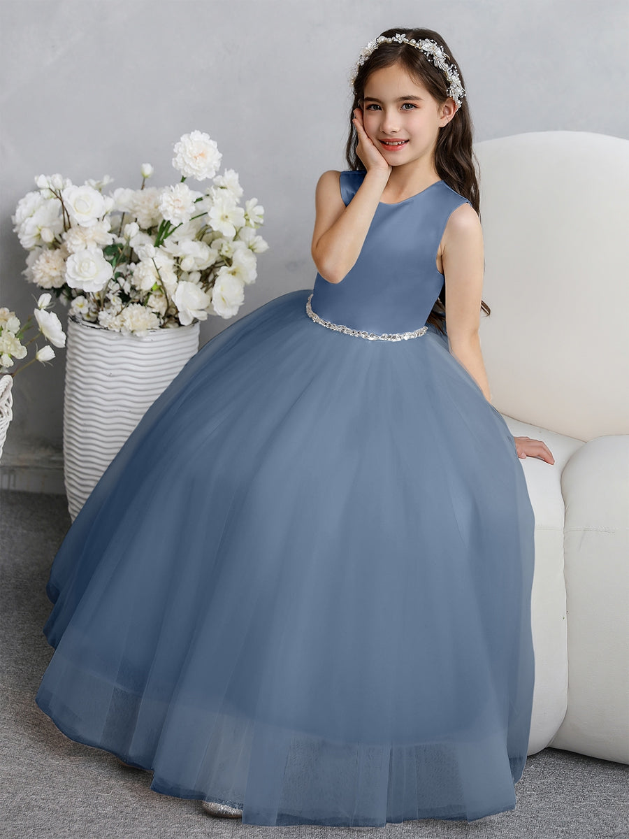 Crew Neck Tulle Flower Girl Dresses with Bowknot &amp; Beading Waist