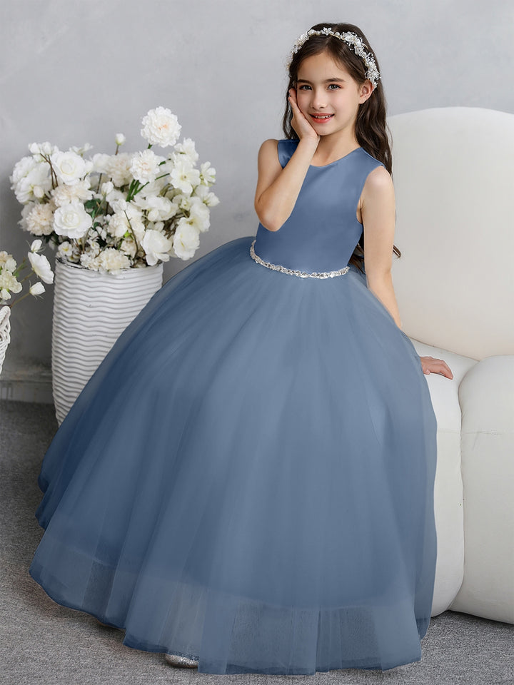 Crew Neck Tulle Flower Girl Dresses with Bowknot &amp; Beading Waist