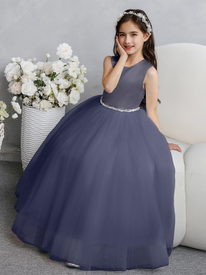 Crew Neck Tulle Flower Girl Dresses with Bowknot &amp; Beading Waist