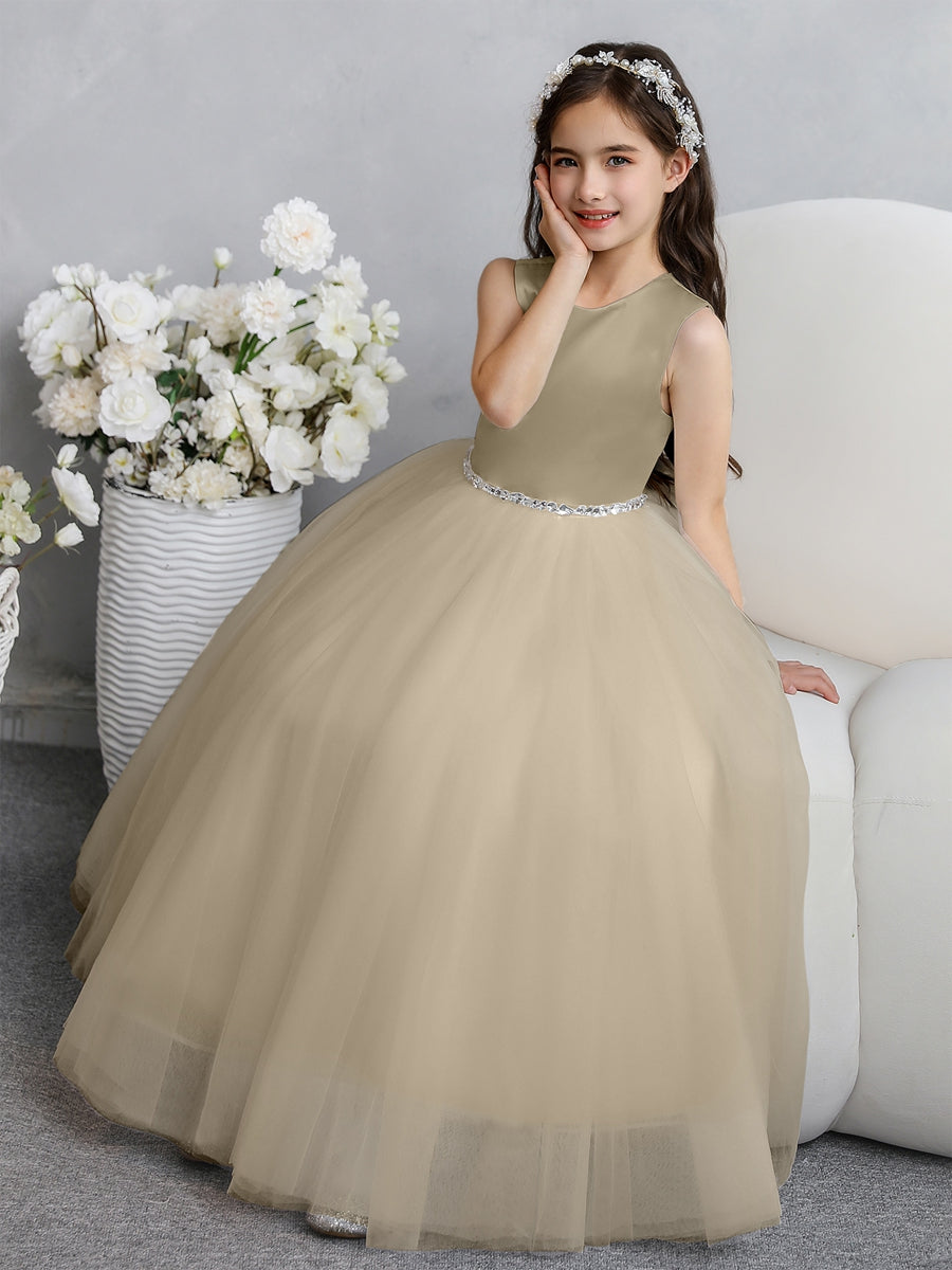 Crew Neck Tulle Flower Girl Dresses with Bowknot &amp; Beading Waist