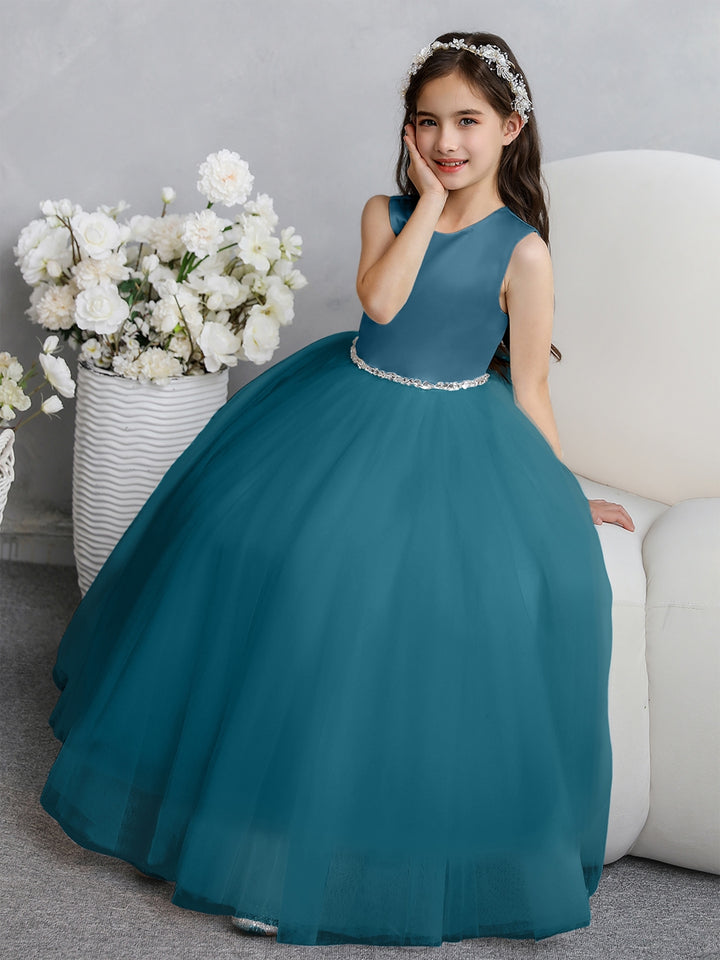 Crew Neck Tulle Flower Girl Dresses with Bowknot &amp; Beading Waist