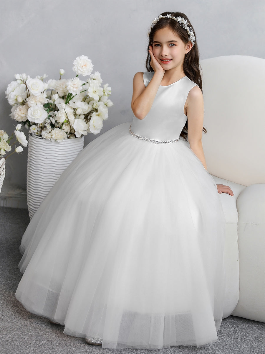 Crew Neck Tulle Flower Girl Dresses with Bowknot &amp; Beading Waist