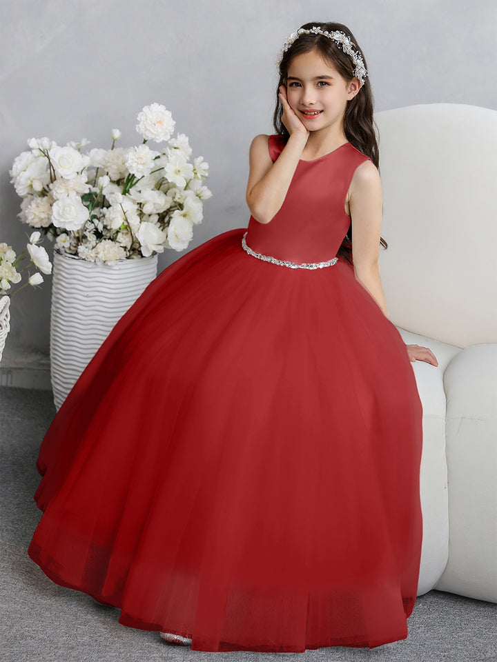 Crew Neck Tulle Flower Girl Dresses with Bowknot &amp; Beading Waist
