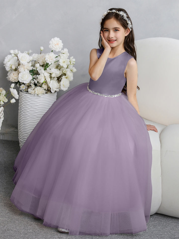 Crew Neck Tulle Flower Girl Dresses with Bowknot &amp; Beading Waist