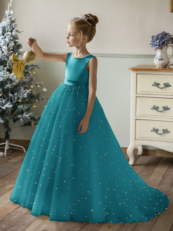 Crew Neck Tulle Flower Girl Dresses with Pearls & Satin Bowknot