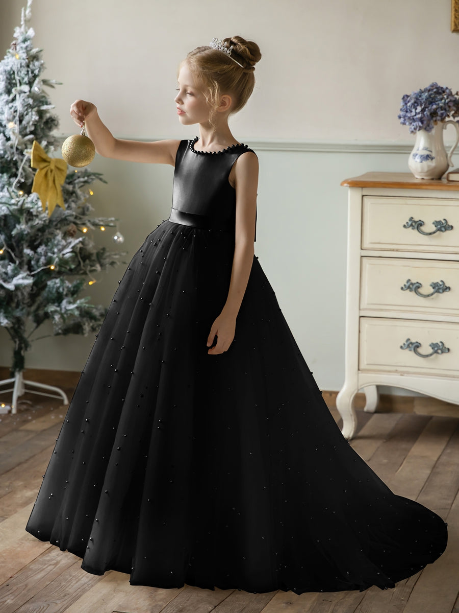 Crew Neck Tulle Flower Girl Dresses with Pearls &amp; Satin Bowknot
