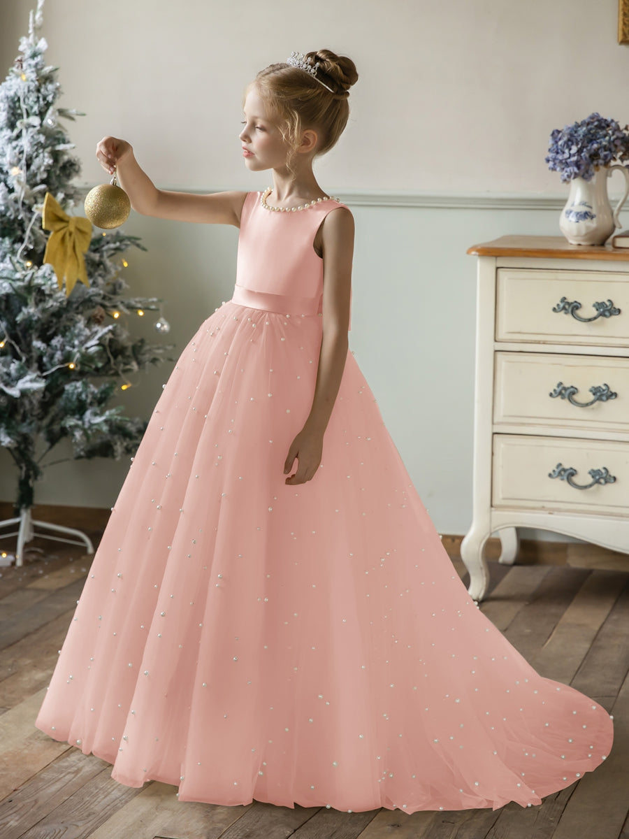 Crew Neck Tulle Flower Girl Dresses with Pearls &amp; Satin Bowknot