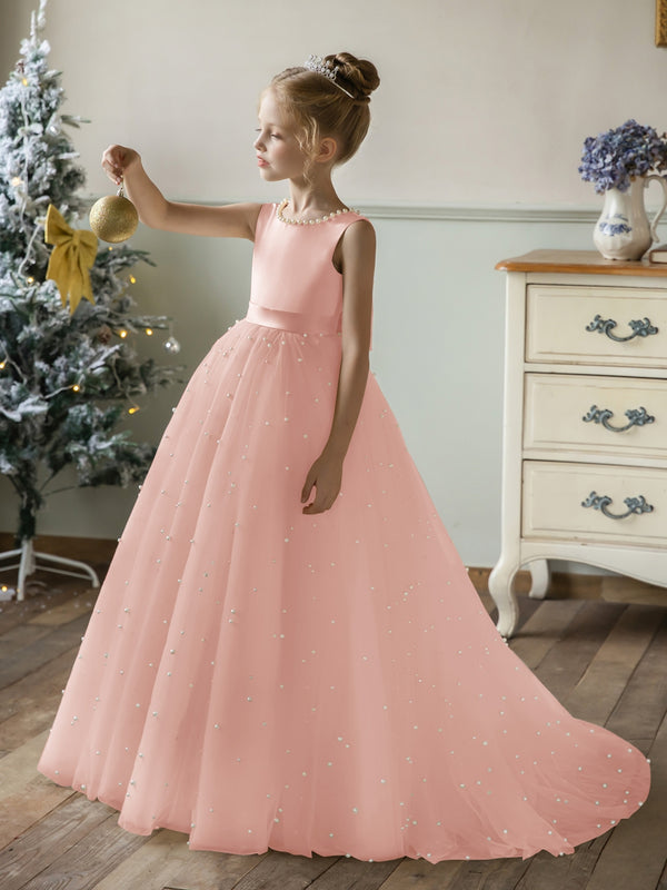 Crew Neck Tulle Flower Girl Dresses with Pearls & Satin Bowknot