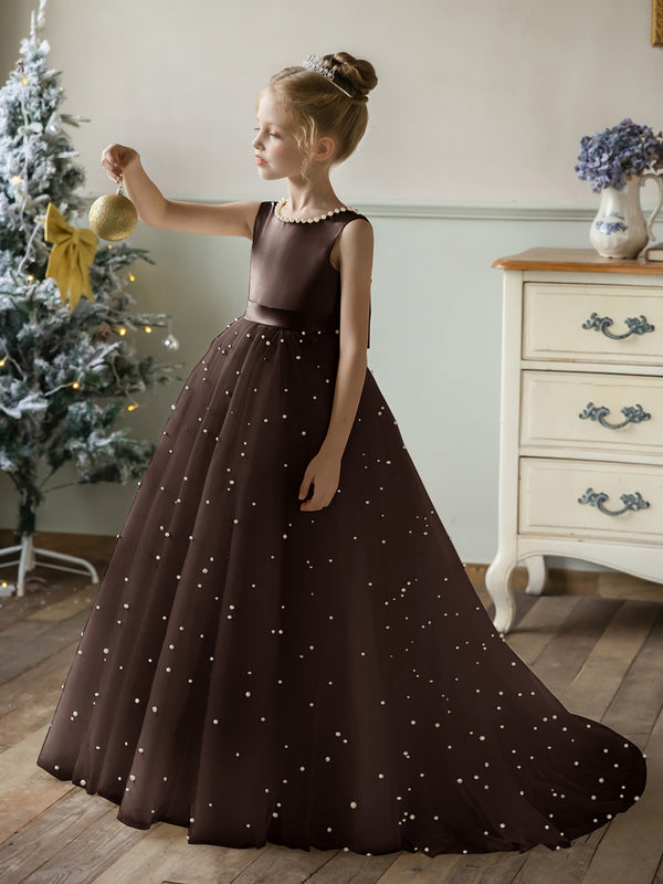 Crew Neck Tulle Flower Girl Dresses with Pearls & Satin Bowknot