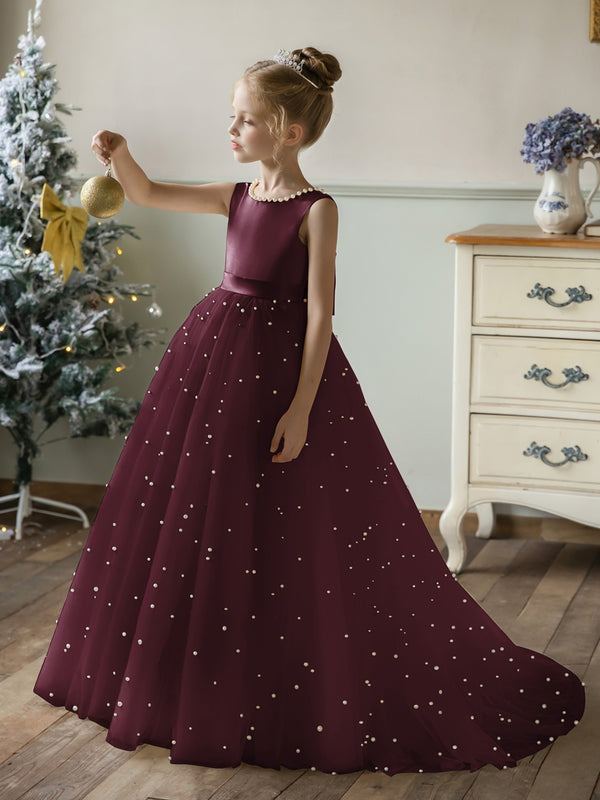Crew Neck Tulle Flower Girl Dresses with Pearls & Satin Bowknot