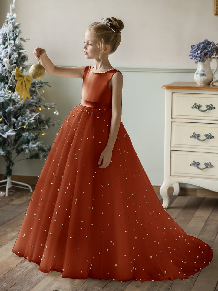 Crew Neck Tulle Flower Girl Dresses with Pearls &amp; Satin Bowknot