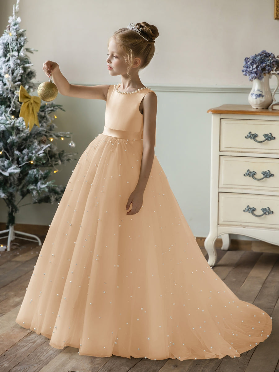 Crew Neck Tulle Flower Girl Dresses with Pearls &amp; Satin Bowknot