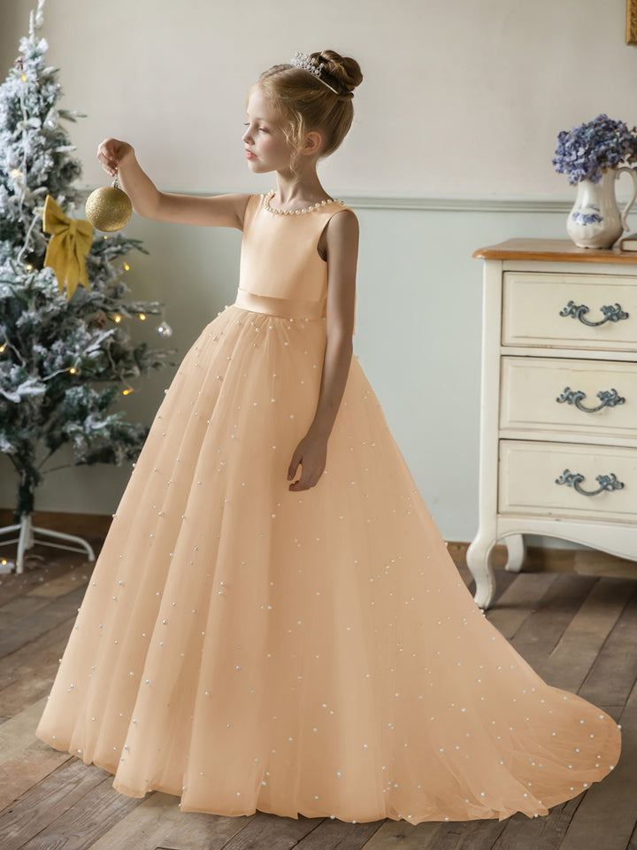 Crew Neck Tulle Flower Girl Dresses with Pearls &amp; Satin Bowknot